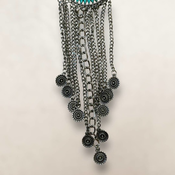 Southwestern Bohemian Bib Statement Necklace Faux Turquoise and Silver-Tone - Picture 8 of 10